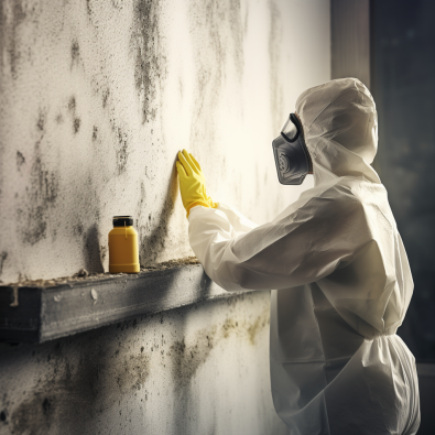 A person wearing a protective mask and gloves inspecting a wall for mold growth